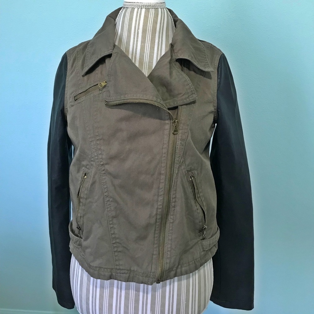 Olive Moto Jacket With Vegan Leather Sleeves